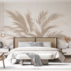 a bedroom with a palm tree mural on the wall and a bench in front of it