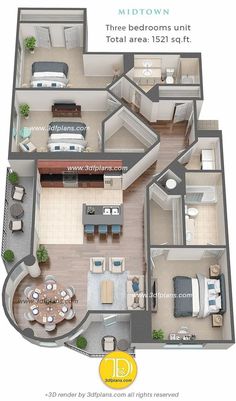 the floor plan for a three bedroom apartment