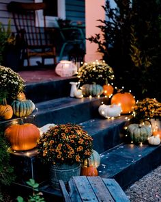 pumpkins and gourds are sitting on the steps