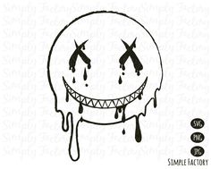 a black and white drawing of an evil face with dripping paint on it's face