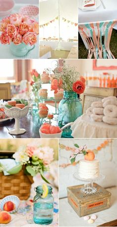 a collage of photos with flowers and desserts