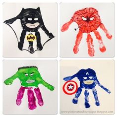 four handprints with different designs on them, one is spiderman and the other has