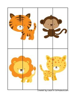 four squares with different animals on them, one is orange and the other is brown