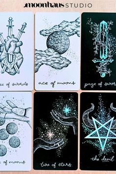 four cards with different designs on them and the words moonlight studio written in black ink