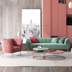 a living room with pink and green furniture in front of a cityscape wall