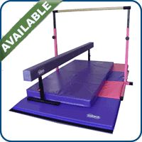 a purple and pink gymnastics mat with a bench on the top, two bars attached to it