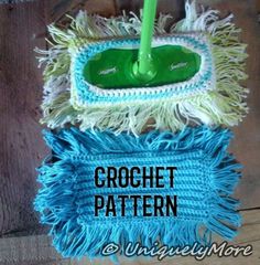 two mop heads with the words crochet pattern on them, and an image of