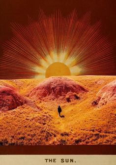 the sun is shining over some red hills and grass, with a person walking on one side