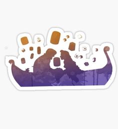 an abstract sticker with the shape of a boat in purple and orange colors, on a white background