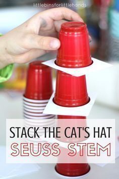 Dr. Seuss STEM challenge for the Cat In The Hat activity. A classic STEM challenge for kids is stacking cups and making cup towers. We gave our STEM activity a Dr Seuss inspired theme! Fun for preschool, kindergarten and grade school STEM. Dr Seuss Stem, Dr. Suess, Hat Activity, Dr Seuss Preschool Activities, Cup Stacking, Dr Seuss Preschool, Science Experience, Dr Seuss Classroom, Kindergarten Stem