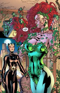 two women dressed in black and green standing next to each other with ivy growing on them