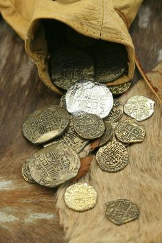 a pile of coins sitting on top of a fur covered floor next to a bag