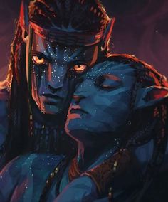 an image of two people that are in the dark with their faces painted like avatars