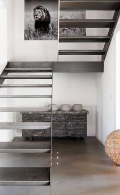 the stairs in this modern home are made of metal and wood, with a lion photo on the wall above them