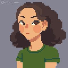 an image of a woman with brown hair and green shirt in pixellated art style