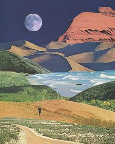 a man walking down a dirt road in front of a mountain range with a full moon