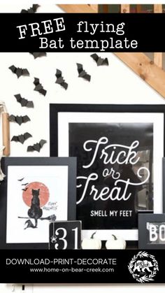 halloween printables are displayed on a shelf with bats flying above them and below the sign that says free flying bat template