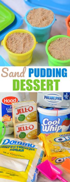 the sand pudding dessert is ready to be eaten and put into plastic bowls with spoons