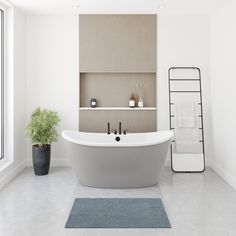 a white bath tub sitting in a bathroom next to a plant and toilet paper dispenser