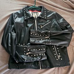 Nwot, Size Xl Black Leather Jacket With Rivets, Rocker Leather Outerwear With Rivets, Rocker Leather Outerwear With Long Sleeves, Black Leather Biker Jacket With Rivets, Leather Jacket With Rivets Long Sleeve, Leather Jacket With Rivets, Rocker Style Leather Outerwear With Long Sleeves, Biker Leather Outerwear With Rivets, Rocker Style Long Sleeve Leather Outerwear