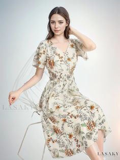 Lasaky - Chic Floral Print Shirred Waist Dress with V-Neck Flutter Sleeves - Womens Vacation Attire Casual Flowy V-neck Dress With Flutter Sleeves, Beige Chiffon V-neck Dress, Flowy V-neck Dress With Short Sleeves For Spring, Beige V-neck Chiffon Dress, Spring Flowy Midi Dress With Butterfly Sleeves, Flowy V-neck Dress With Flutter Sleeves, Casual Flutter Sleeve V-neck Dress For Vacation, Casual V-neck Dress With Flutter Sleeves For Vacation, Spring Chiffon Midi Dress With V-neck