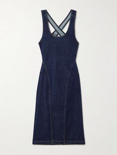 Alaïa's dress is constructed from panels of denim for a sultry body-hugging fit. Traced with contrasting stitching, it has a scooped neckline and sporty crossover straps at the back. Wear yours with sculptural heels and silver jewelry. Fitted Indigo Denim Midi Dress, Elegant Fitted Denim Blue Denim Dress, Indigo Fitted Cotton Midi Dress, Elegant Fitted Cotton Denim Dress, Sculptural Heels, Contrasting Stitching, Denim Midi Dress, Scooped Neckline, Exclusive Dress