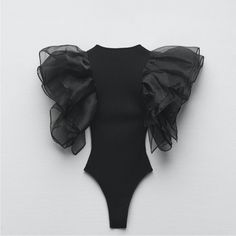 Nwt Zara Organza Ruffle Rib Bodysuit Size Small Trendy Black Bodysuit For Party, Elegant Black One-piece Bodysuit, Trendy Black One-piece Bodysuit, Chic Black Fitted Bodysuit, Elegant Black Summer Bodysuit, Black Fitted Bodysuit For Summer, Chic Black Stretch Bodysuit, Chic Stretch Black Bodysuit, Black Summer Party Bodysuit