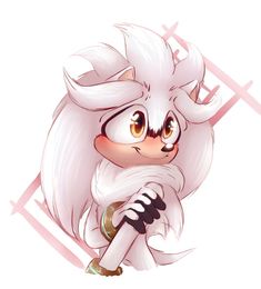 a drawing of a white furry animal with long hair and big eyes, sitting on the ground