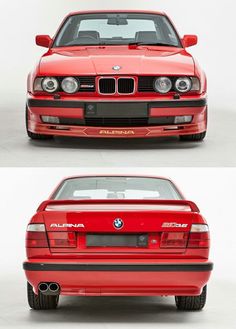 the front and side view of a red bmw coupe with its hood up, in three different views