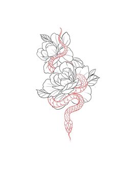 a drawing of a snake and flowers on a white background