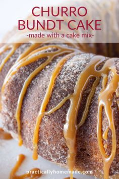 a bundt cake with caramel drizzles on it's side