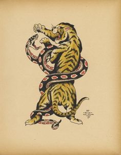 a drawing of a tiger with a snake on it's back and arms stretched out