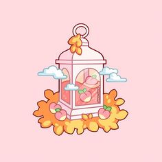 a pink background with an illustration of a bird in a cage on top of flowers