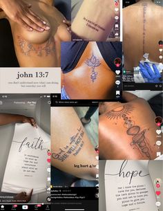 multiple pictures of different types of tattoos on women's back and arms, with the words hope written in cursive writing