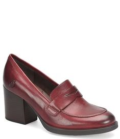 Born Holliston Leather Penny Loafer Pumps | Dillard's Slip-on Leather Heels For Business Casual, Formal Loafers With Leather Trim And Round Toe, Burgundy Leather Loafers For Business, Burgundy Leather Loafers With Almond Toe, Burgundy Leather Almond Toe Loafers, Leather Moccasins With Suede Lining For Semi-formal Occasions, Burgundy Leather Loafers For Office, Semi-formal Leather Moccasins With Suede Lining, Business Casual Leather Moccasins With Suede Lining