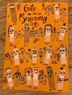 an orange poster with stickers on it that says, gute beserung