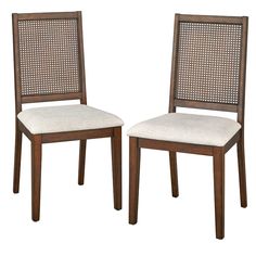 a pair of wooden chairs with white upholstered back and seat cushions on each side