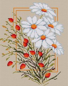 a cross stitch pattern with white and orange flowers