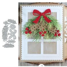 an image of a christmas card with pine cones and red bows on it, next to a cutout