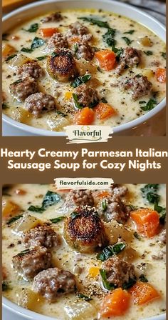 Whip up this easy creamy Parmesan Italian sausage soup for a delicious and satisfying dinner in no time. Creamy Based Soup, Creamy Sausage Parmesan Soup, Creamy Italian Sausage Soup Recipes, Italian Sausage Recipes For Dinner Soup, Crockpot Soup With Italian Sausage, Creamy Sausage Pasta Soup, Creamy Italian Sausage Pasta Soup, Stanley Tucci Creamy Parmesan Tuscano Soup, What To Make With Ground Sausage Dinners