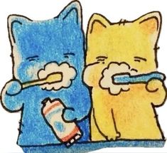 two cartoon cats are brushing their teeth with toothpaste on the other side of them