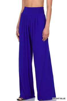 A smocked waist comfortably tops these soft full length pants cut with roomy wide legs. Material: 57% polyester, 38% rayon, 5% spandex Stretch: Highly stretchy Care: Machine wash cold. Tumble dry low. Made in Vietnam Style #RP-8019 Product Measurements Total waist: 27", inseam: 32" approx. Measured from small Plus Size Wide Leg Pants, Flowy Wide Leg Pants, 27 Dresses, Graphic Leggings, Bohemian Look, Clothing Retail, Leg Design, Pants Design, Wide Legs