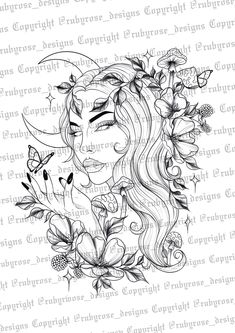 a drawing of a girl with flowers and butterflies in her hair, surrounded by butterflies