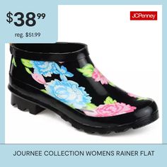 Step into a unique style with the Rainer rainboot by Journee Collection. This rainboot is so perfect for all your water adventures. This rainboot features an ankle height that is water resistant and features 4 beautiful patterns!Features: LightweightClosure Type: Pull OnShaft Circumference: 13 InchesBoot Shaft Height: 2 1/2 InchesShoe Heel Height: 1 InchUpper/Outer Base Material: 100% RubberShoe Lining Material: FabricSole Material Content: 100% RubberToe Type: Round ToeHeel Style: Flat HeelCou… Heel Rain Boots, Heeled Rain Boots, Water Adventure, Journee Collection, Beautiful Patterns, Rain Boots, Unique Style, Heel Height, Water Resistant