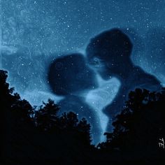 two people kissing under the stars in the night sky with trees silhouetted against them