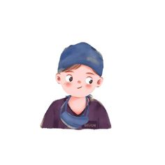 a drawing of a boy with a blue hat and scarf on his head, looking at the camera