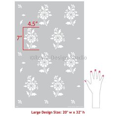 the size and measurements for an area rug with flowers on it, shown in white