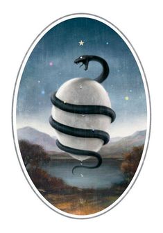 a painting of a snake on top of a white ball