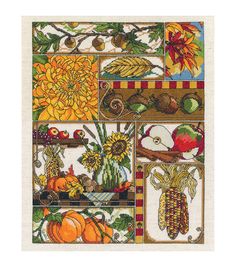 a cross stitch pattern with autumn decorations and flowers on the front, including sunflowers