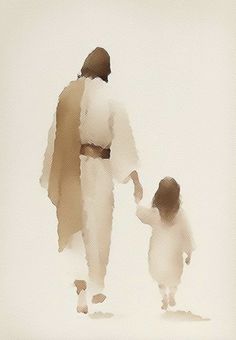 a painting of a man holding the hand of a child's hand as they walk